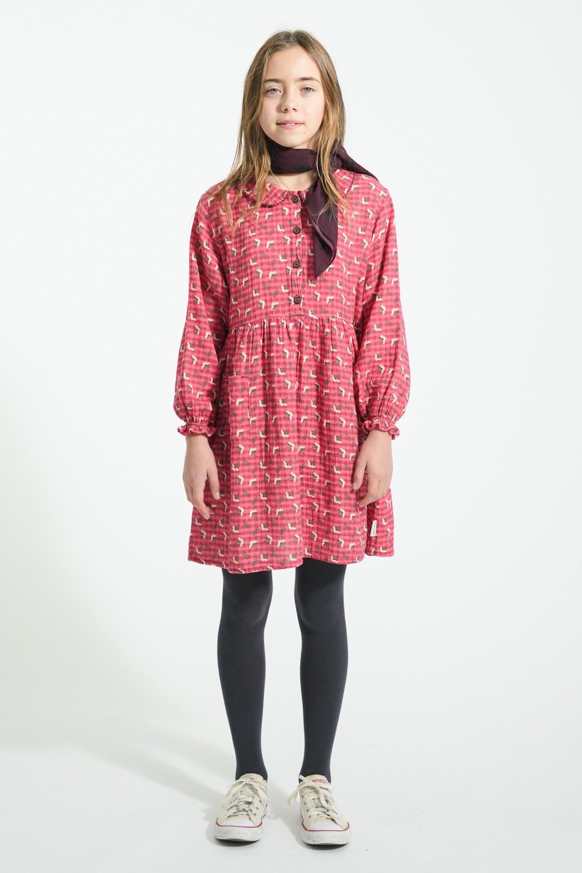 Pink checkered short dress flowers
