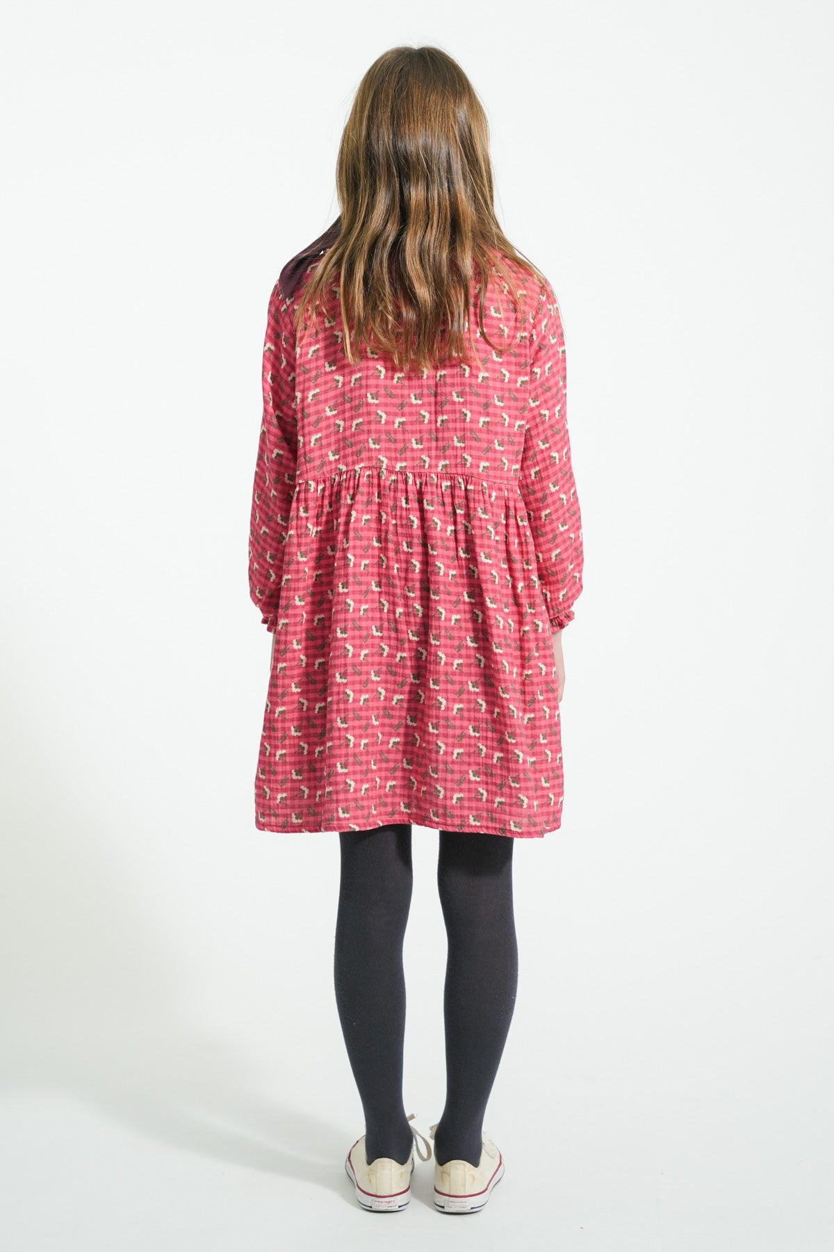 Pink checkered short dress flowers