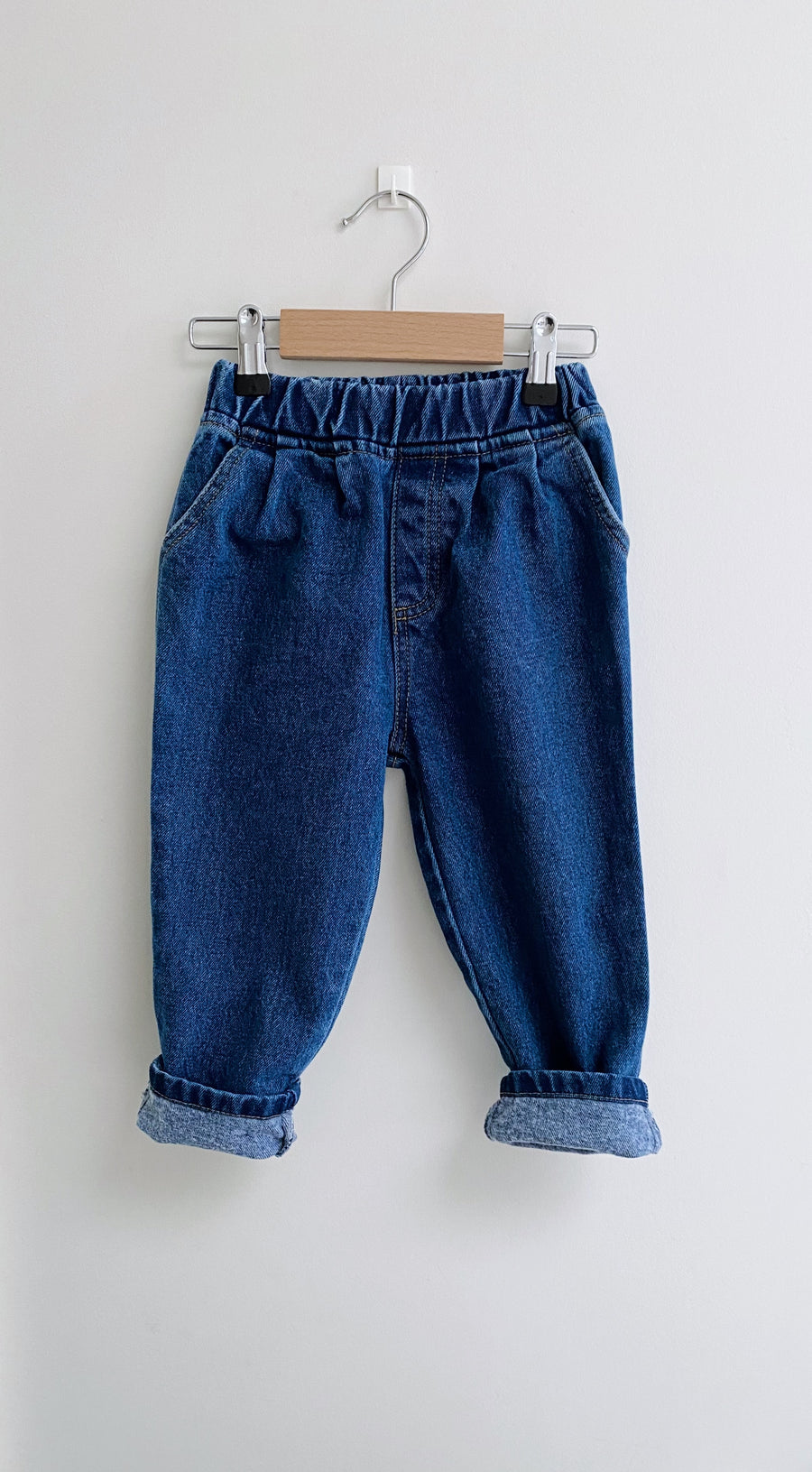 Fleece tapered denim jeans blue